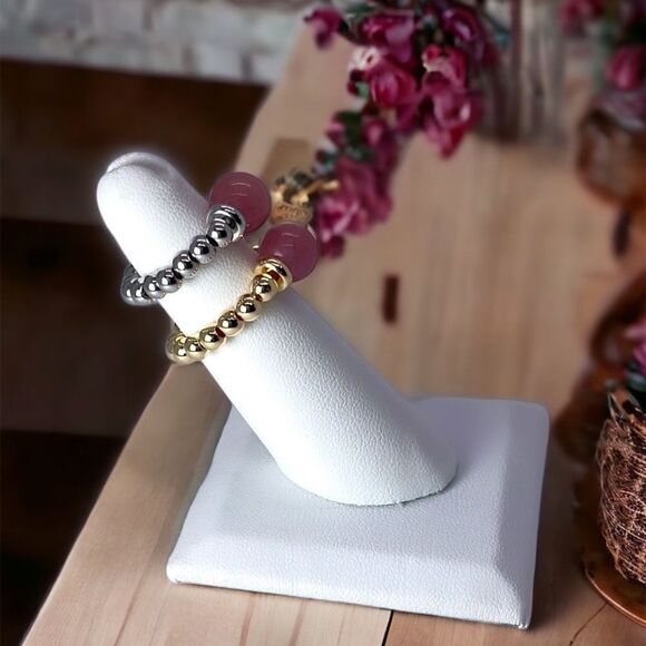 NWT Wool + Pepper Co. Strawberry Quartz Beaded Bracelet & Ring Set - Picture 5 of 5